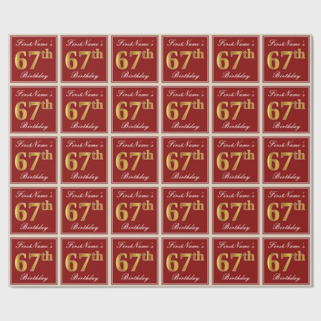 Papier Cadeau Elégant, Rouge, Faux Gold 67e anniversaire; Nom pe (Plat)