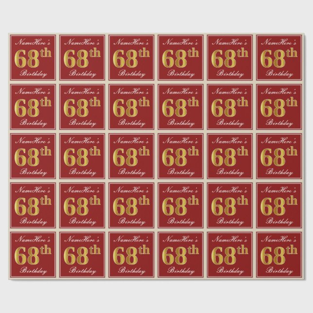 Papier Cadeau Elégant, Rouge, Faux Gold 68e anniversaire; Nom pe (Plat)
