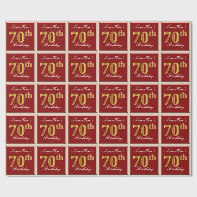 Papier Cadeau Elégant, Rouge, Faux Gold 70e Anniversaire; Nom pe (Plat)