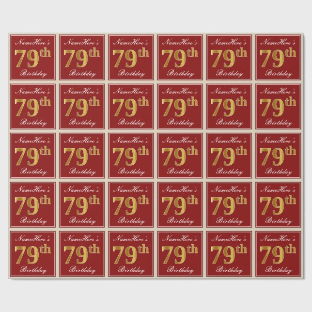 Papier Cadeau Elégant, Rouge, Faux Gold 79e anniversaire; Nom pe (Plat)