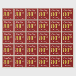 Papier Cadeau Elégant, Rouge, Faux Gold 80e anniversaire; Nom pe