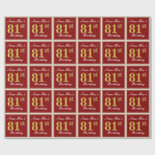 Papier Cadeau Elégant, Rouge, Faux Gold 81ème Anniversaire; Nom 