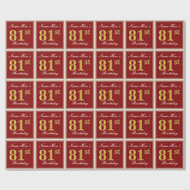 Papier Cadeau Elégant, Rouge, Faux Gold 81ème Anniversaire; Nom  (Plat)