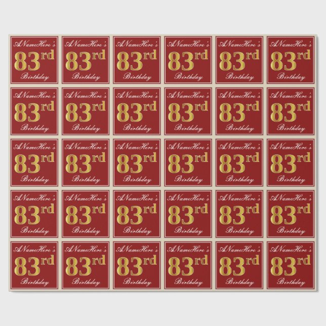 Papier Cadeau Elégant, Rouge, Faux Gold 83e anniversaire; Nom pe (Plat)