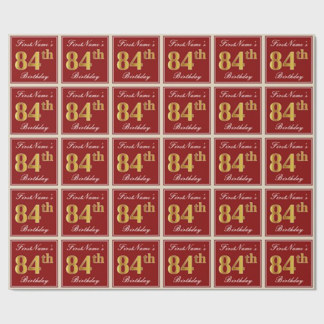 Papier Cadeau Elégant, Rouge, Faux Gold 84e anniversaire; Nom pe (Plat)