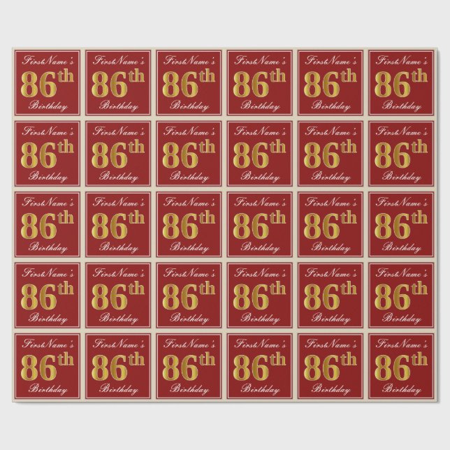 Papier Cadeau Elégant, Rouge, Faux Gold 86e anniversaire; Nom pe (Plat)