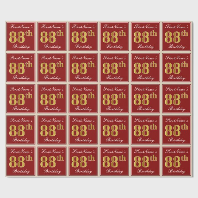 Papier Cadeau Elégant, Rouge, Faux Gold 88e anniversaire; Nom pe (Plat)