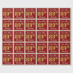 Papier Cadeau Elégant, Rouge, Faux Gold 89e anniversaire; Nom pe