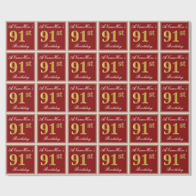 Papier Cadeau Elégant, Rouge, Faux Gold 91ème Anniversaire; Nom  (Plat)