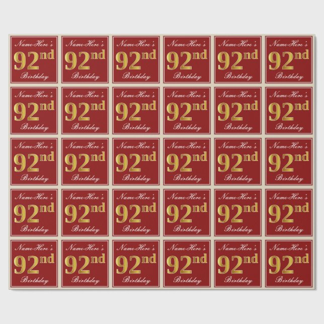 Papier Cadeau Elégant, Rouge, Faux Gold 92e anniversaire; Nom pe (Plat)