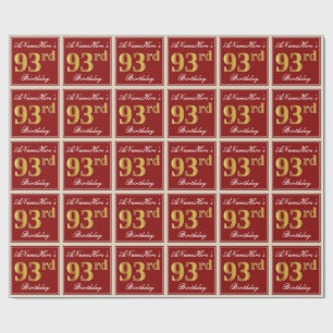 Papier Cadeau Elégant, Rouge, Faux Gold 93e anniversaire; Nom pe