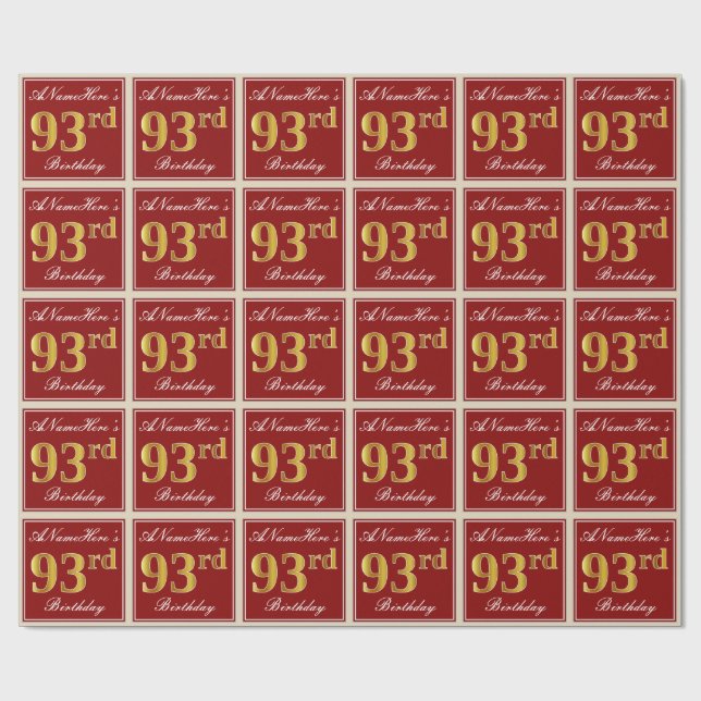 Papier Cadeau Elégant, Rouge, Faux Gold 93e anniversaire; Nom pe (Plat)