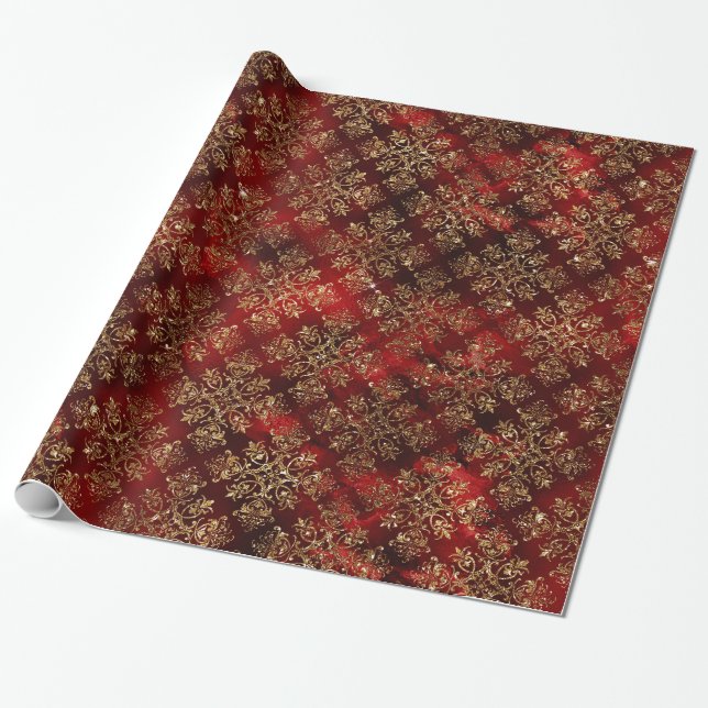 Papier Cadeau Élégant Rouge or Motif Noël (Déroulé)