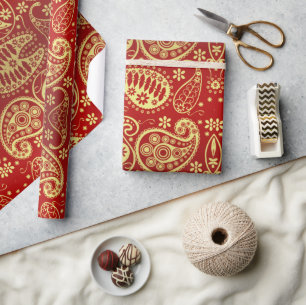 Papier Cadeau Élégant Rouge or Motif Noël Paisley
