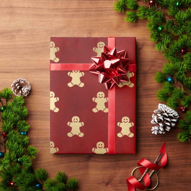 Papier Cadeau Elégant rouge or Noël pain d'épice homme motif (Cadeau de vacances)