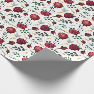 Papier Cadeau Élégant Rouge Vintage Rose Botanique Fête Florale