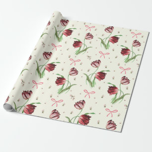 Papier Cadeau Élégant Rubans Roses Fleurs de Tulipes Motif Flora