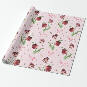 Papier Cadeau Élégant Rubans Roses Fleurs de Tulipes Motif Flora