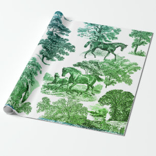 Papier Cadeau Elégant Rustique Horses Bleu Vert Toile