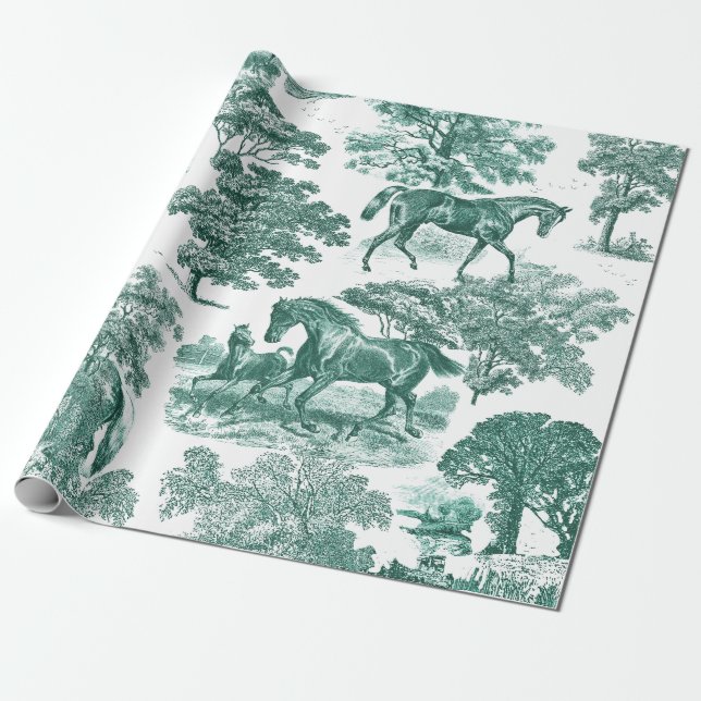 Papier Cadeau Elégant Rustique Horses Sage Toile Vert (Déroulé)