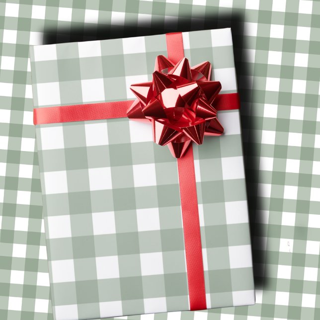 Papier Cadeau Elegant Sage Green and White Gingham Holiday  (Créateur téléchargé)