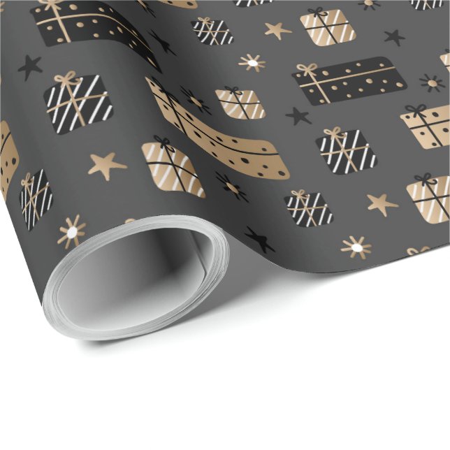 Papier Cadeau Elégant Scandi Noël Or & Black Wrapper (Coin rond)