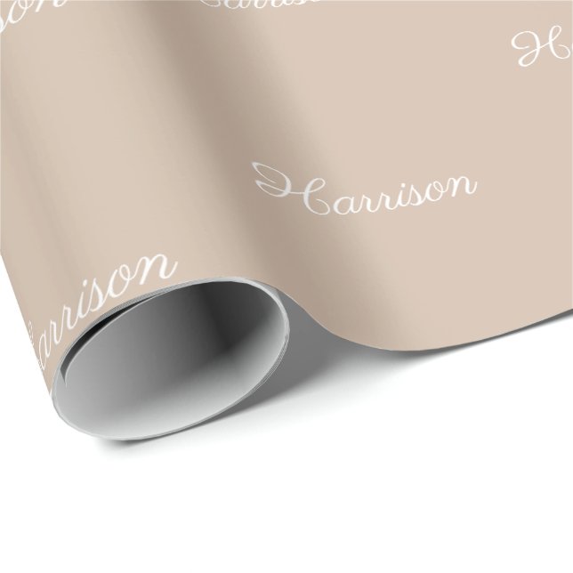 Papier Cadeau Élégant script beige tan nom personnalisé annivers (Coin rond)