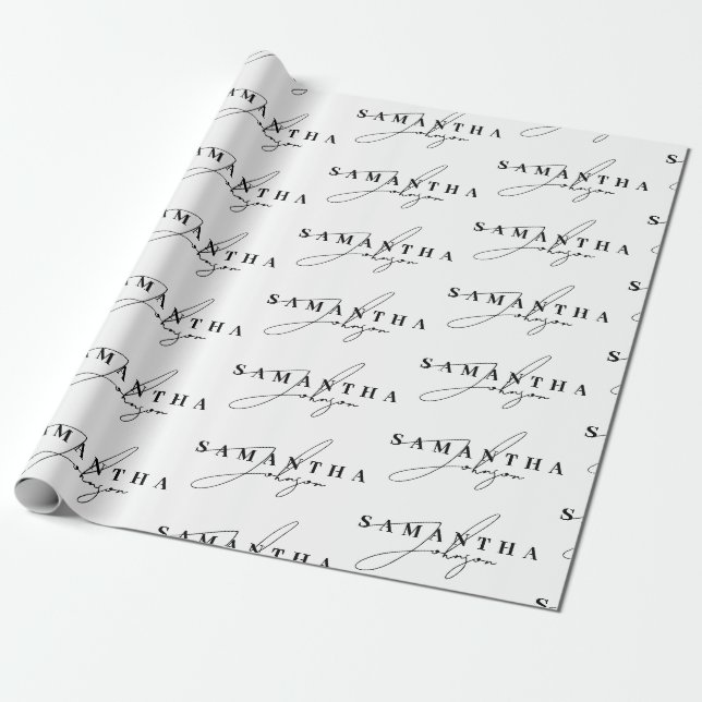 Papier Cadeau Élégant script de signature noir et blanc (Déroulé)