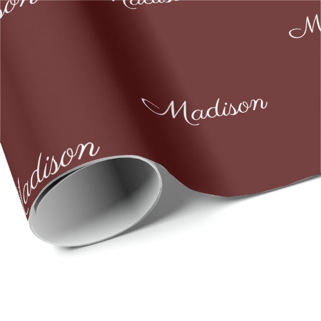 Papier Cadeau Élégant script oxblood nom personnalisé anniversai (Coin rond)