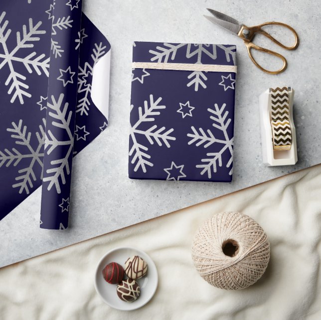 Papier Cadeau Élégant Snowflakes bleu et argent Noël (Artisanat)