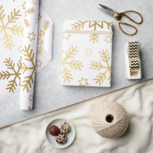 Papier Cadeau Élégant Snowflakes White et Gold Foil Noël