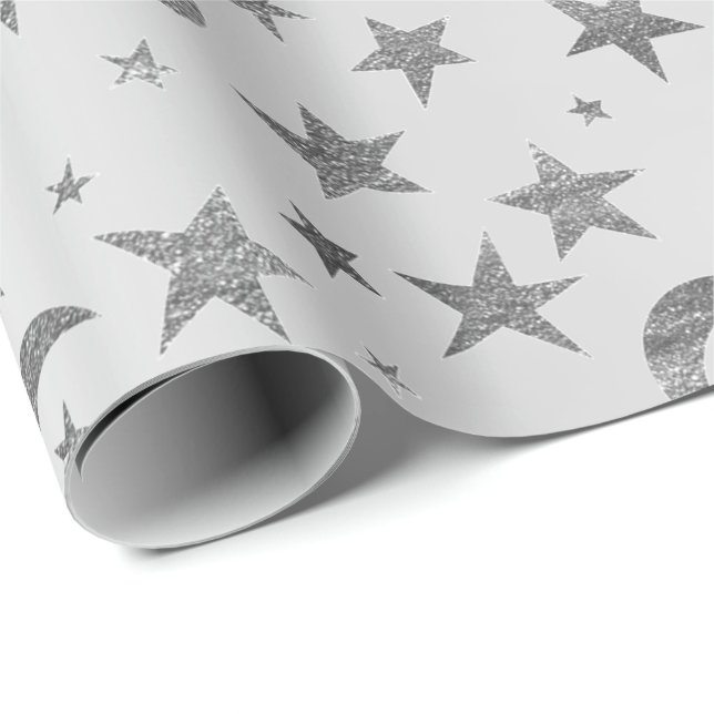 Papier Cadeau Élégant Stars Lune Silver Grey Ciel métallique (Coin rond)