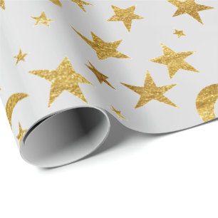 Papier Cadeau Élégant Stars Lune Silver Grey Gold Ciel métalliqu