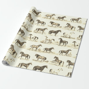 Papier Cadeau Elégant Toile Beige Rustique Races de Chevaux