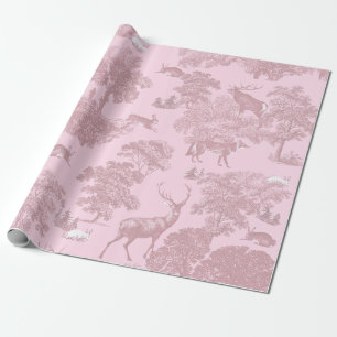 Papier Cadeau Élégant Toile de Jouy Rose Vintage Cerf Forêt