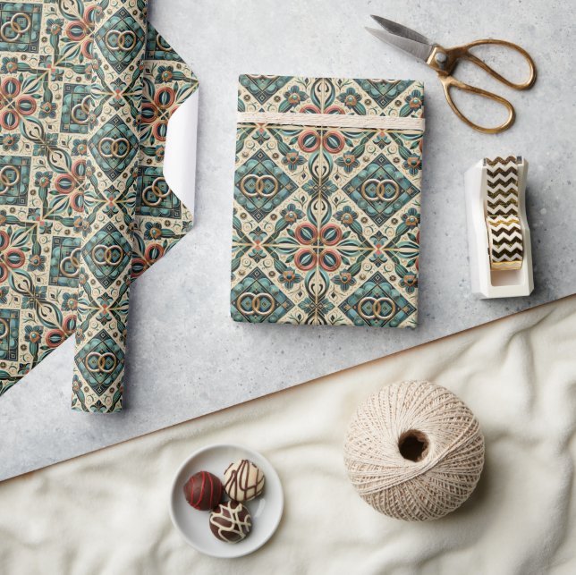 Papier Cadeau Élégant Tons de Bijoux avec Anneaux Entrelacés pou (Artisanat)