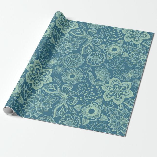 Papier Cadeau Elégant Tons Vert Menthe Dentelle Florale (Déroulé)