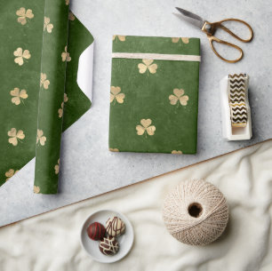 Papier Cadeau Élégant Trèfle de Saint-Patrick Vert et Or Jour de