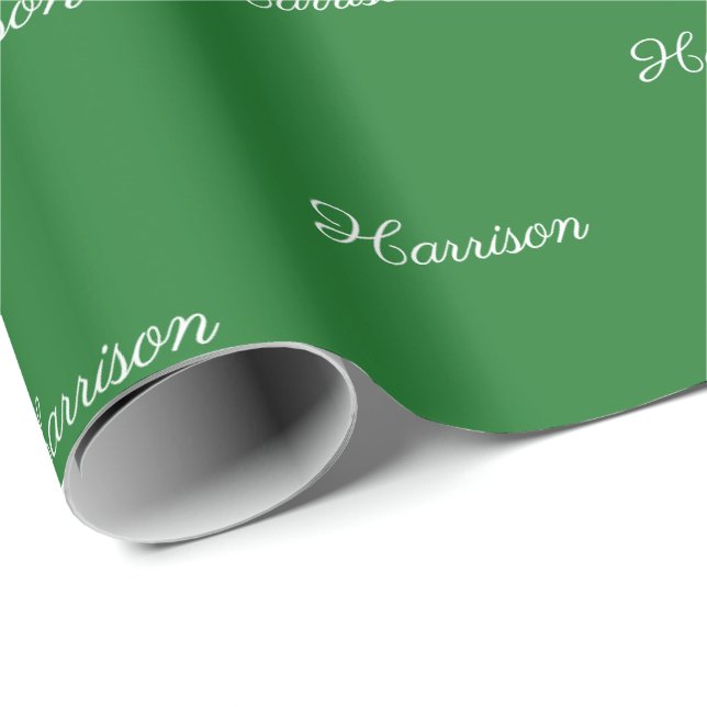Papier Cadeau Elégant vert blanc script nom personnalisé mignon (Coin rond)