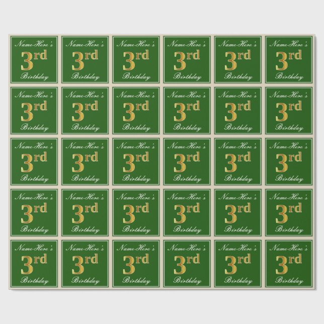Papier Cadeau Elégant, Vert, Faux Gold 3ème anniversaire + Nom (Plat)