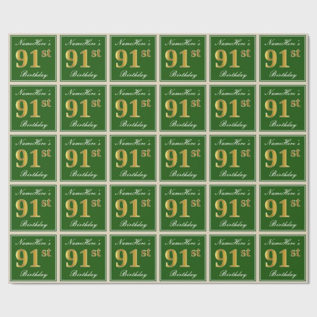 Papier Cadeau Elégant, Vert, Faux Gold 91ème Anniversaire + Nom (Plat)