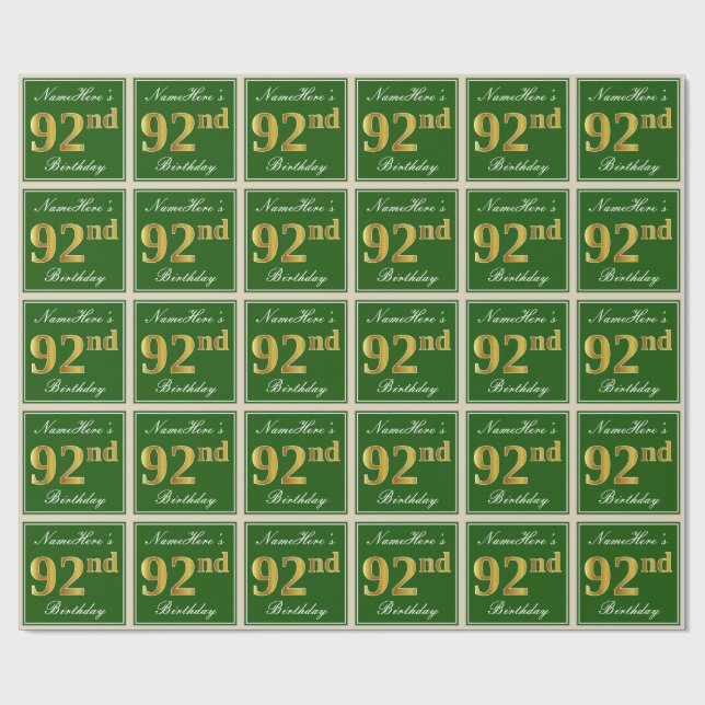 Papier Cadeau Elégant, Vert, Faux Gold 92ème anniversaire + Nom (Plat)