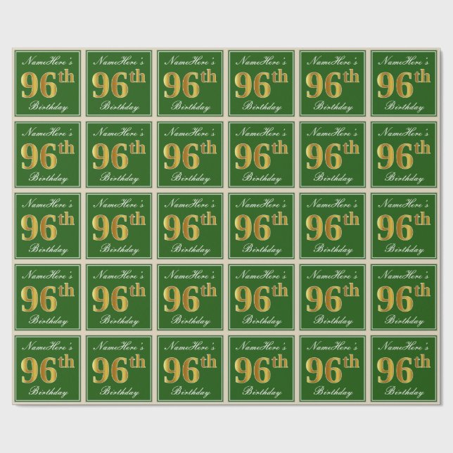 Papier Cadeau Elégant, Vert, Faux Gold 96ème anniversaire + Nom (Plat)