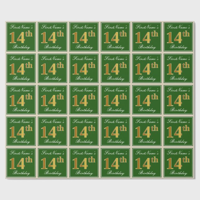 Papier Cadeau Elégant, Vert, Faux Or 14ème Anniversaire + Nom (Plat)