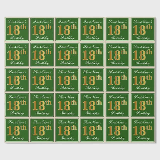Papier Cadeau Elégant, Vert, Faux Or 18ème anniversaire + Nom (Plat)