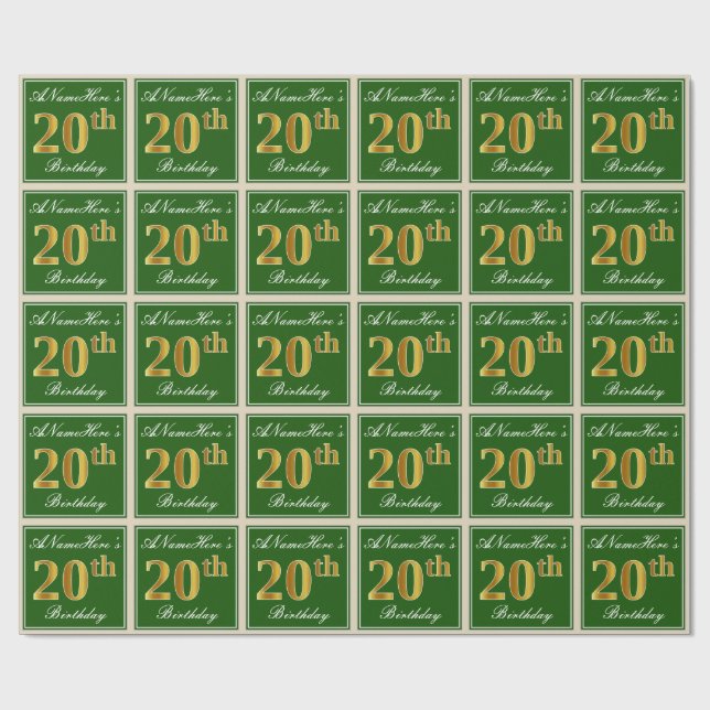 Papier Cadeau Elégant, Vert, Faux Or 20ème Anniversaire + Nom (Plat)