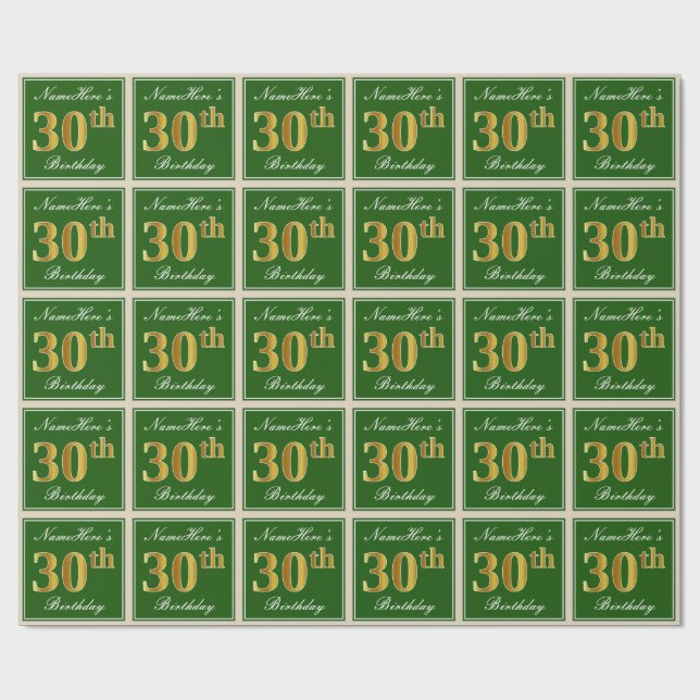 Papier Cadeau Elégant, Vert, Faux Or 30ème Anniversaire + Nom (Plat)