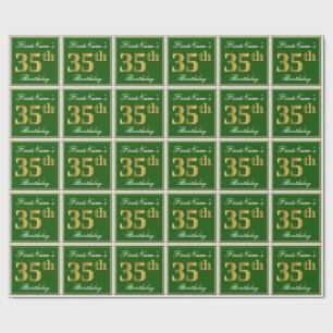 Papier Cadeau Elégant, Vert, Faux Or 35ème anniversaire + Nom