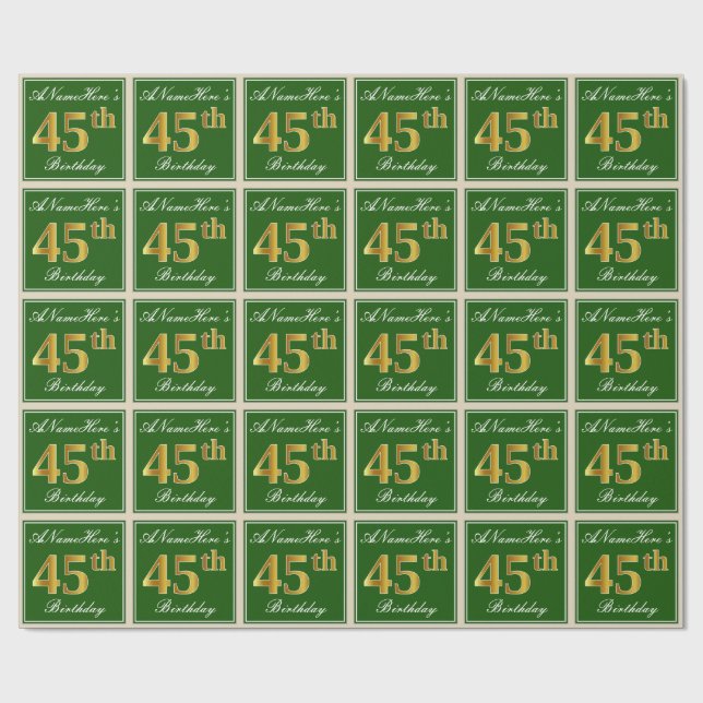 Papier Cadeau Elégant, Vert, Faux Or 45ème Anniversaire + Nom (Plat)