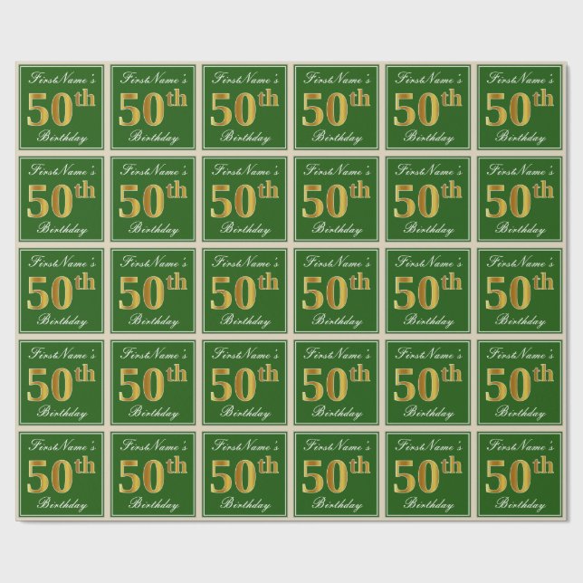 Papier Cadeau Elégant, Vert, Faux Or 50ème Anniversaire + Nom (Plat)